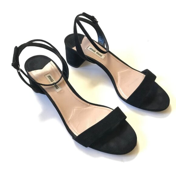 Miu Miu Ankle Wrap Strap Sandals Womens 38 8 Black Suede Shoes Block Heels Italy - Picture 6 of 11